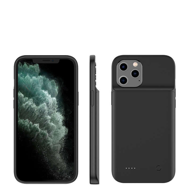 Ultra-thin soft case battery power bank for Apple devices, compatible with iPhone models, showcasing front and back views.
