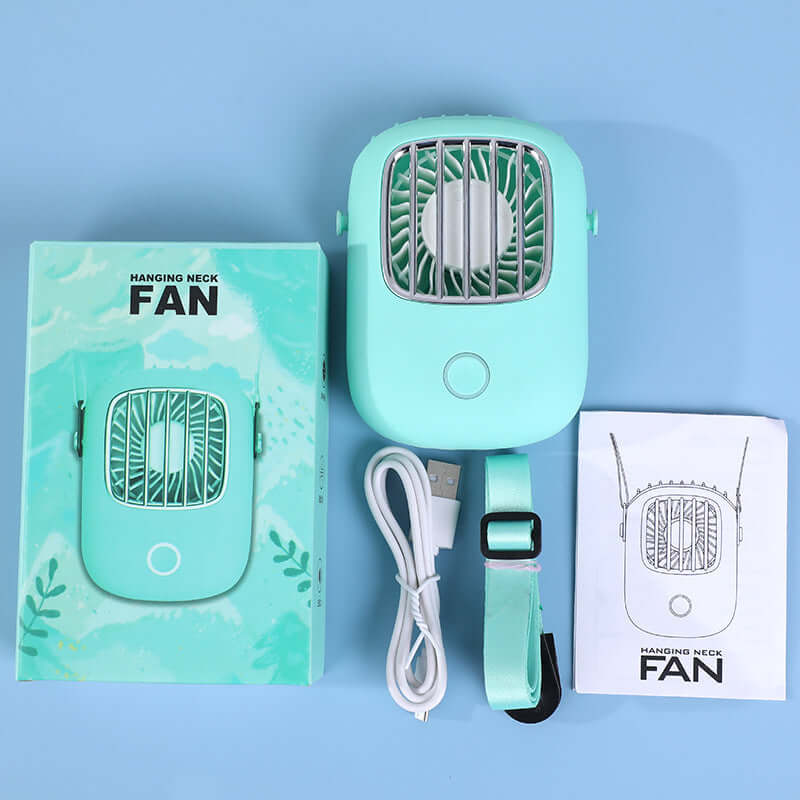 Portable USB hanging neck fan in Tiffany blue with packaging and accessories, ideal for desk use, lightweight and rechargeable.