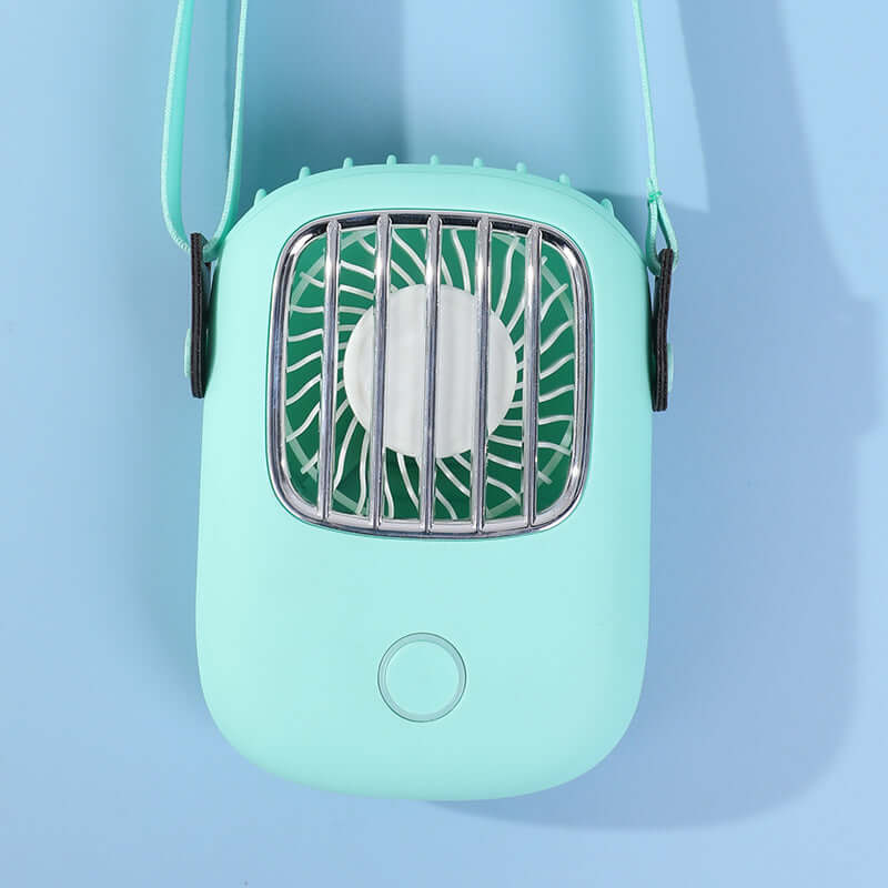 USB portable fan in Tiffany blue with a sleek design and adjustable strap, ideal for outdoor and indoor use.