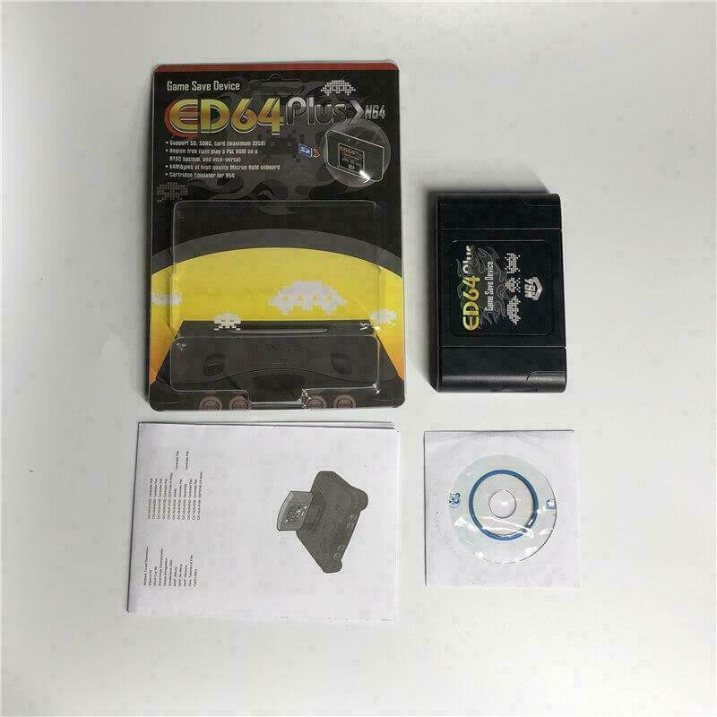 ED64Plus N64 flash card with packaging, instruction manual, and software disc for gaming in U.S., Japan, Hong Kong, and Europe.