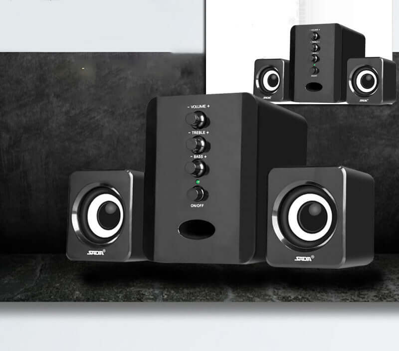 SADA D-202 computer speakers with subwoofer, featuring volume controls and sleek black design, ideal for home audio.