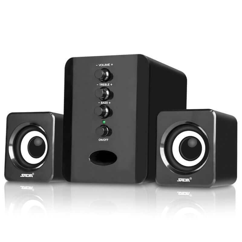 SADA D-202 computer speakers with subwoofer, featuring volume and bass control, designed for superior sound and style.