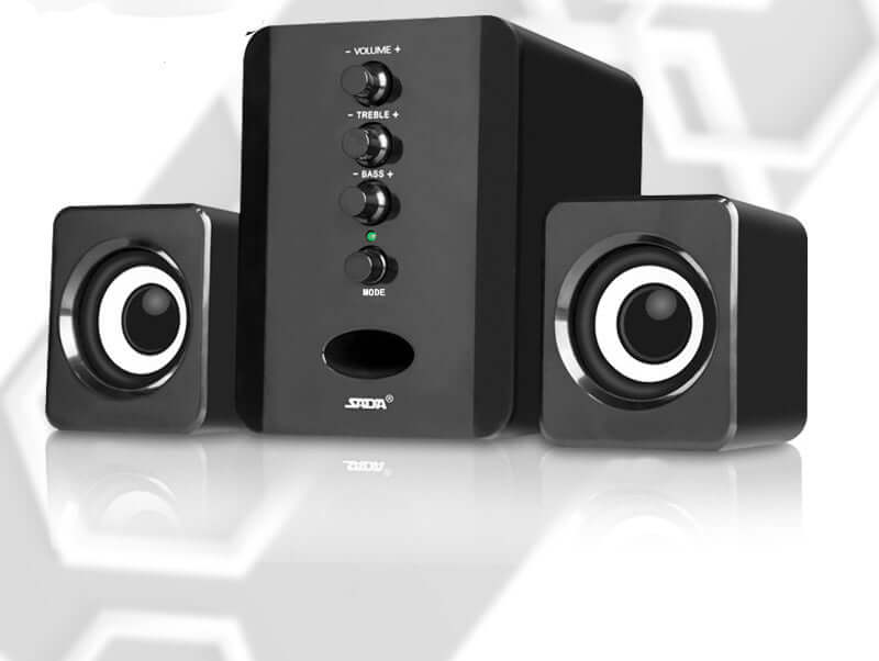 SADA D-202 computer speakers with subwoofer, volume and bass controls, stylish black design for home audio.