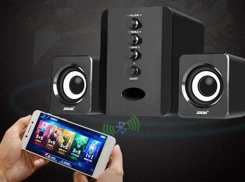 SADA D-202 computer speaker system with Bluetooth for smartphones, featuring super bass and a sleek black design.
