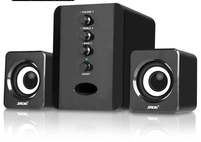 SADA D-202 2.1 channel speakers with subwoofer, volume and bass controls, designed for home audio and music playing.