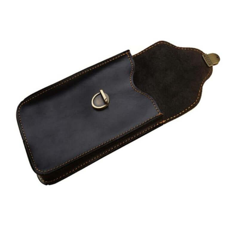 Black leather retro mobile phone bag with clamshell style and secure clasp for outdoor protection.