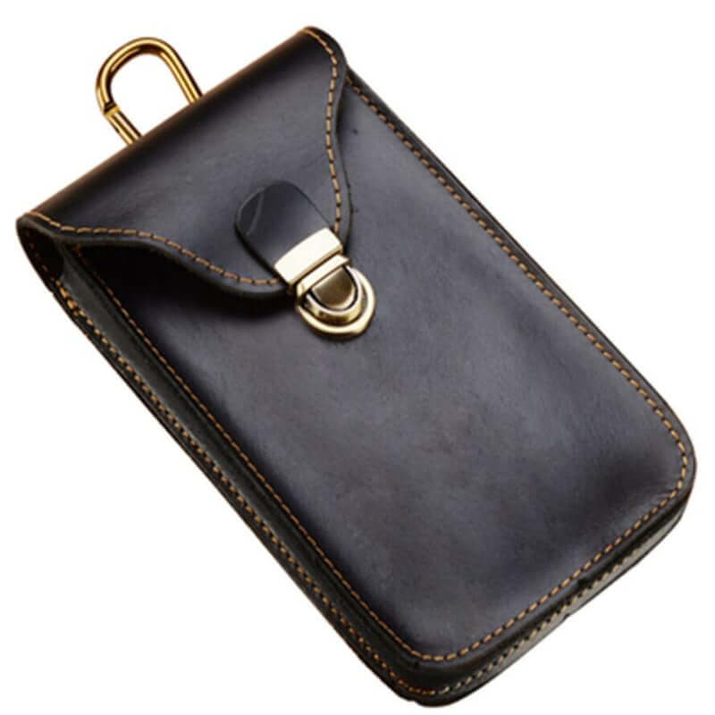 Black leather retro mobile phone bag with clamshell design, perfect for outdoor and home use.