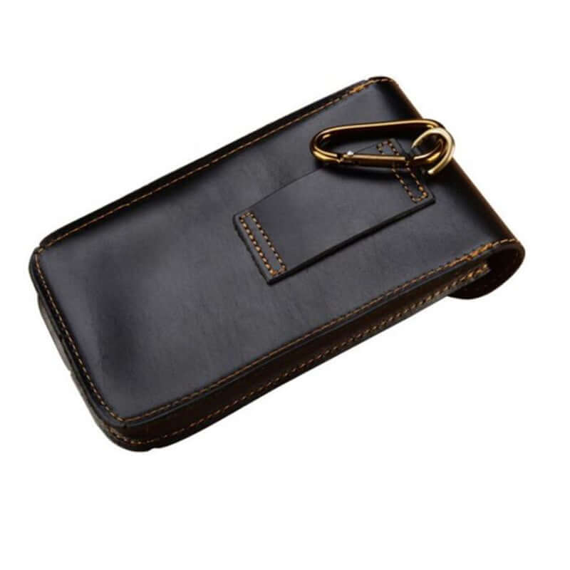 Leather retro mobile phone bag in black, portable protective cover with clamshell design for outdoor use.