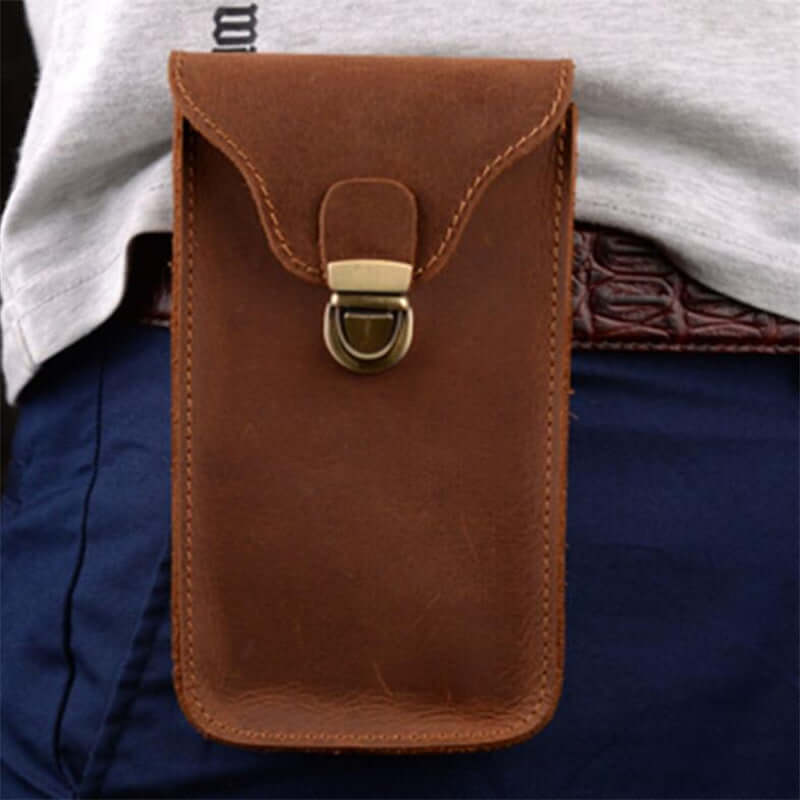 Brown leather retro mobile phone bag with clamshell design, perfect for outdoor protection and storage.