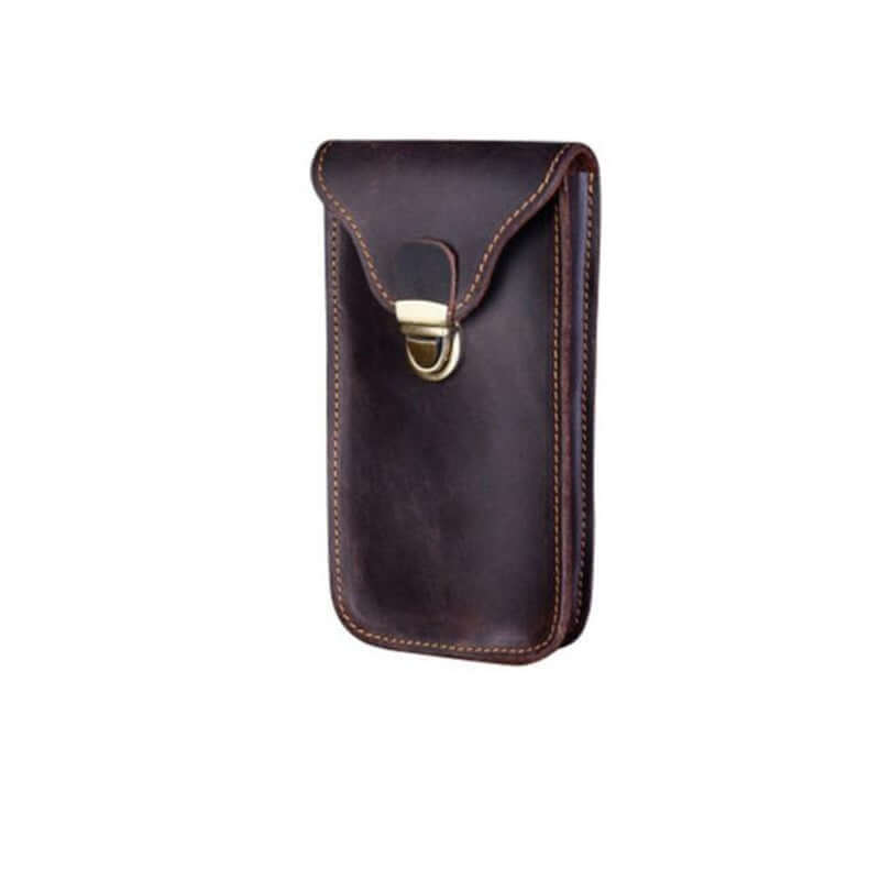Leather retro mobile phone bag, portable protective cover for outdoor use, simple design in dark brown color.