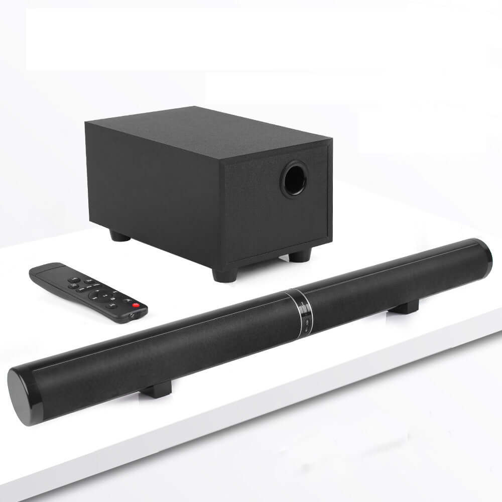 Home theater TV subwoofer speaker set with remote control, showcasing the sleek black design and powerful sound features.