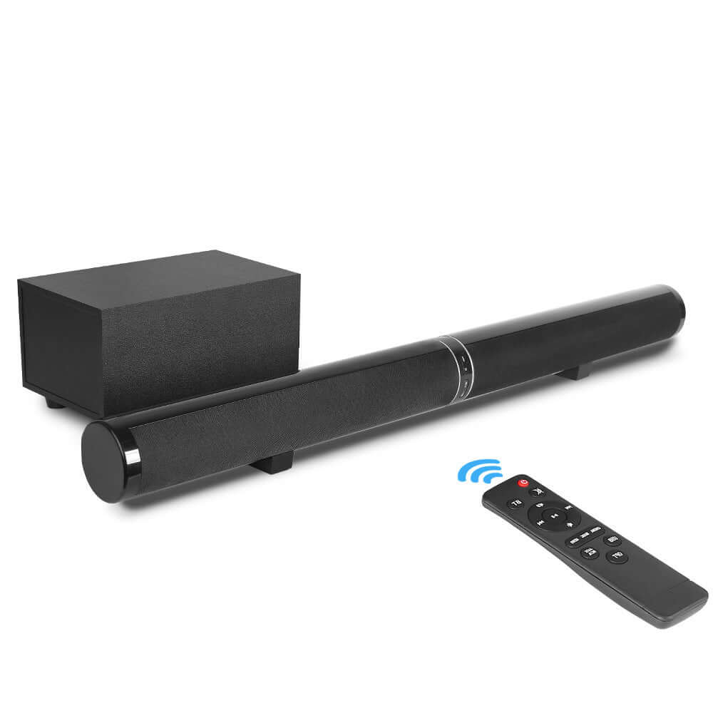 Home theater TV subwoofer speaker with remote control, black design, perfect for immersive sound experiences.