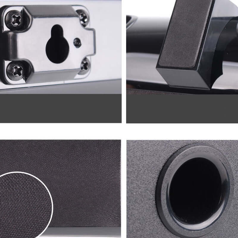 Close-up details of a black home theater subwoofer speaker showing the interface, texture, and port features.
