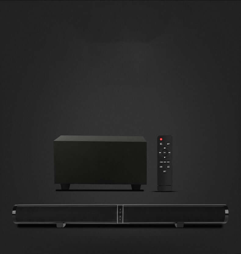 Home theater TV subwoofer speaker with remote control on a dark background, showcasing sleek black design.