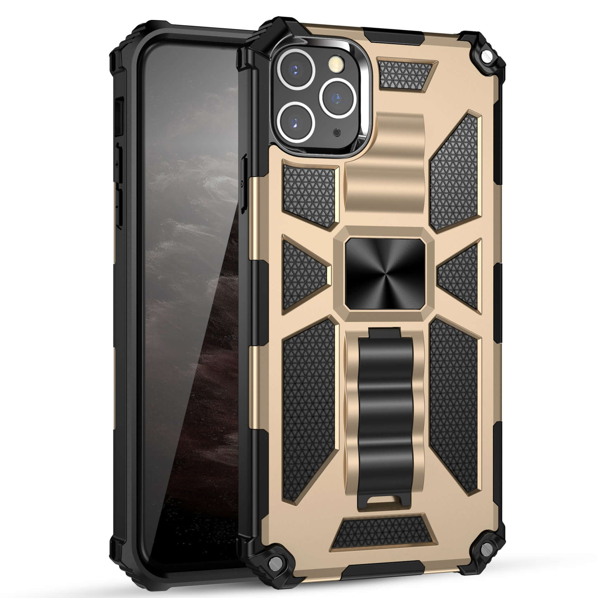 Military-style anti-drop mobile phone case in black and gold, designed for durability and trendy appeal.