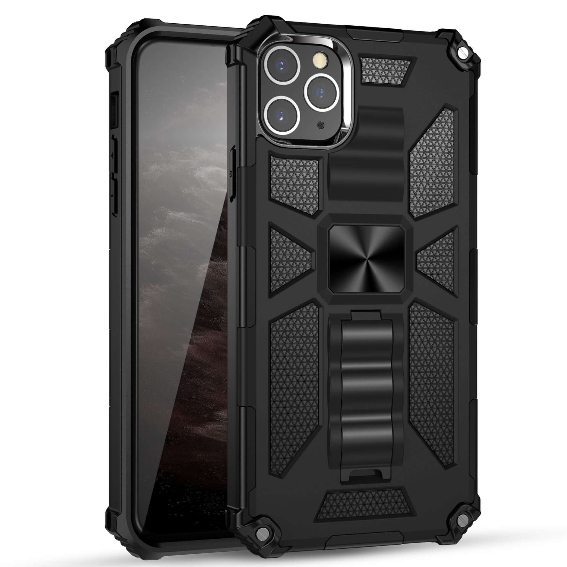 Military style anti-drop mobile phone case in black, made from durable TPU and PC materials, showcasing a rugged design.