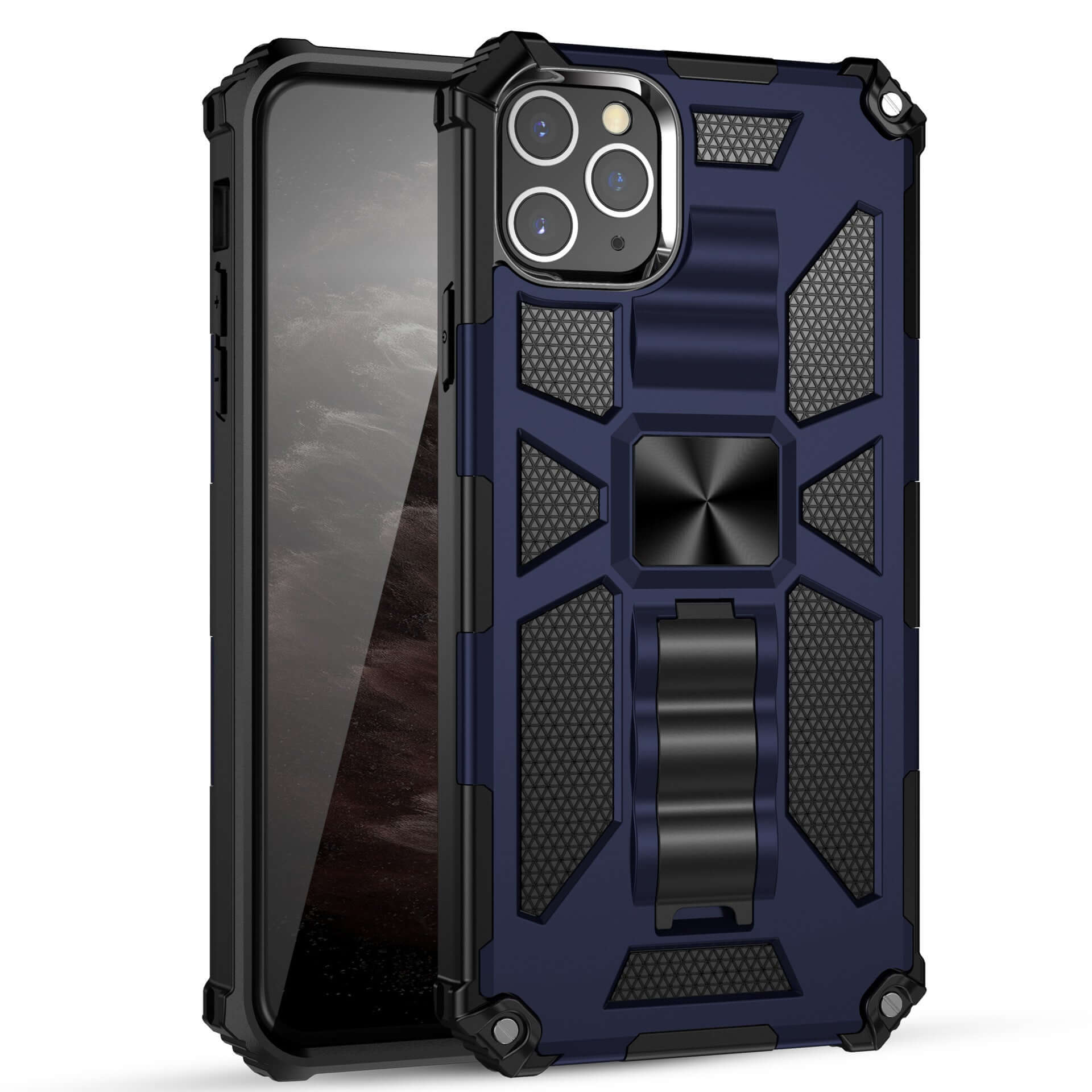 Military-style anti-drop mobile phone case in navy blue with rugged design for enhanced protection.