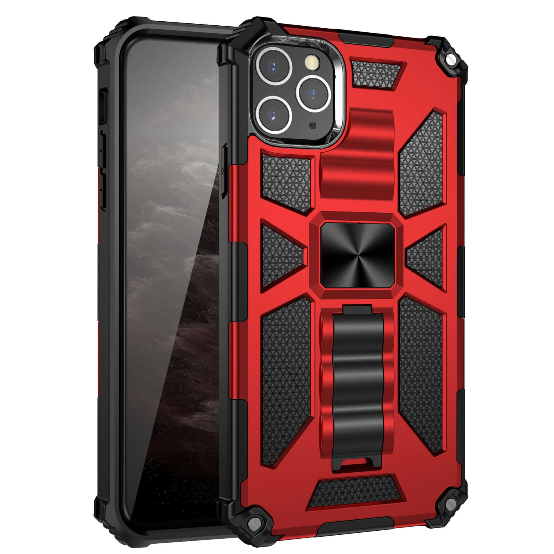 Red military-style mobile phone case with anti-drop design and built-in kickstand for protection.
