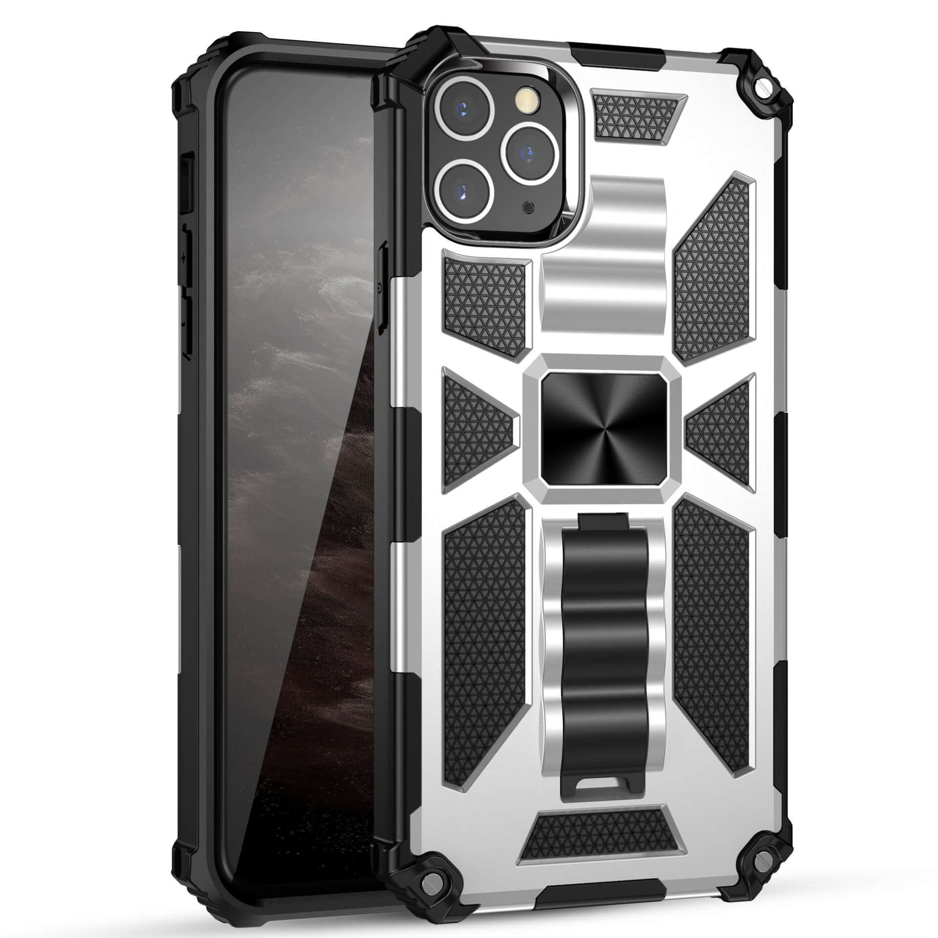 Military-style mobile phone case with anti-drop design, featuring a silver and black color scheme and durable materials.