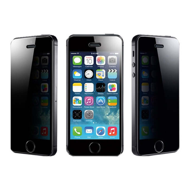 Full screen anti-peeping tempered glass film for iPhone, showcasing three angles of the phone with the screen protector applied.