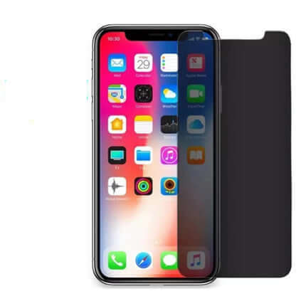 Full screen anti-peeping tempered film for mobile phone, showcasing privacy protection on an iPhone display.