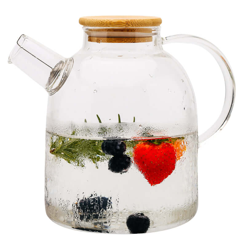 Nordic transparent glass teapot with bamboo lid, featuring fruits in water, 1000ML capacity.