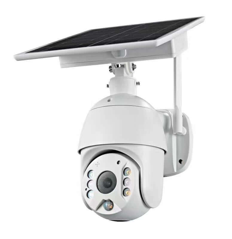 1080P outdoor security camera with solar panel, two-way audio, night vision, and motion detection.