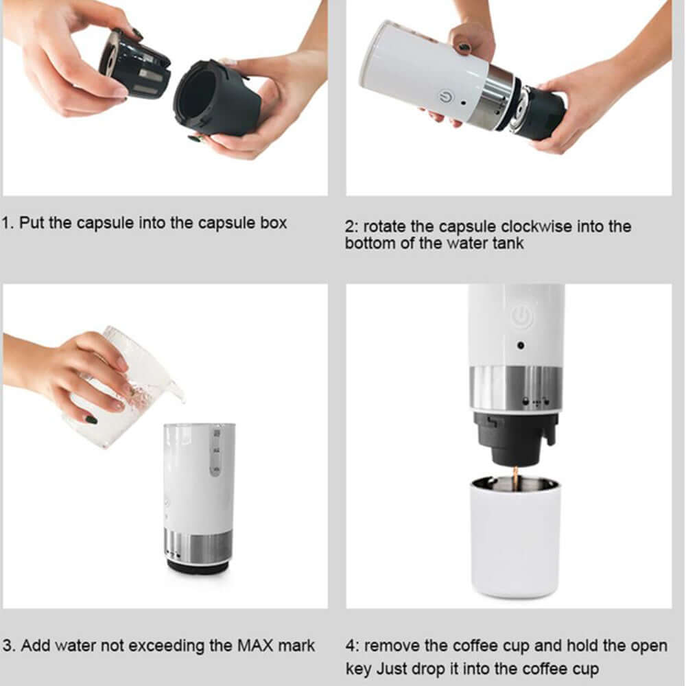 Step-by-step guide for using a portable fully automatic coffee machine for brewing coffee.