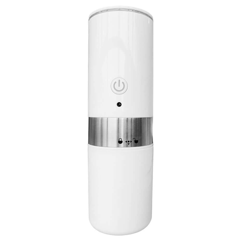Portable fully automatic coffee machine in sleek white design, perfect for coffee lovers on the go.