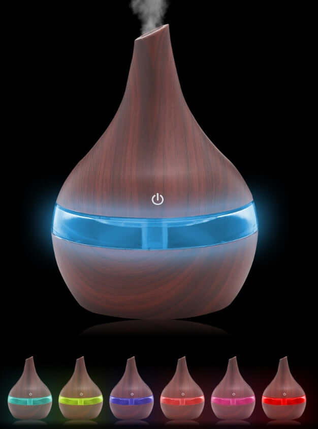 Wood grain tip humidifier air purifier with mist and colorful LED lights, perfect for household use in small spaces.