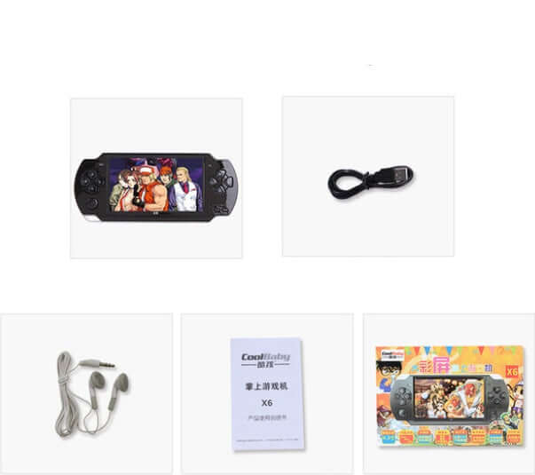 Handheld game console X6 with accessories including headphones, data cable, manual, and colorful packaging.