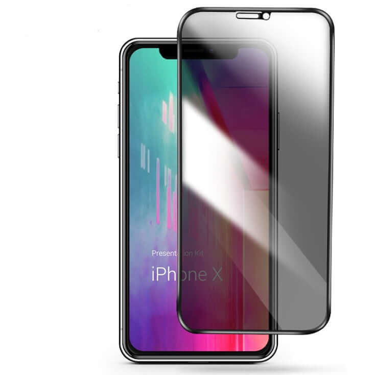 Tempered glass screen protector for iPhone X, showcasing anti-peep features and 2.5D design.
