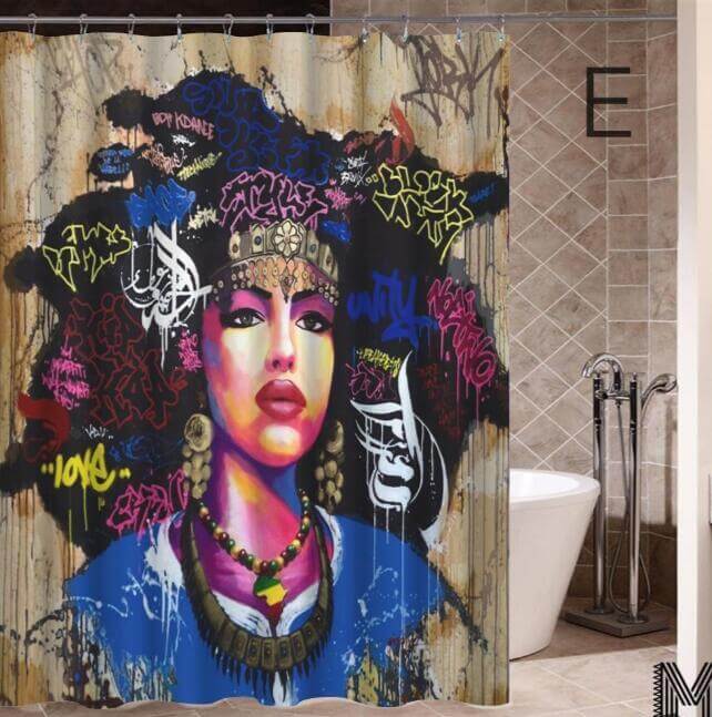 Art Design Graffiti Art Hip Hop African Girl with Black Hair Big Earring with Modern Building Shower Curtain for Bathroom Decor - DBMP (Electronics And More Store)