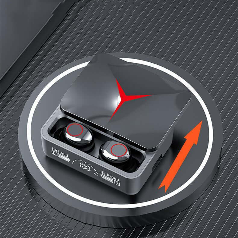 Bluetooth headset charging case with wireless earbuds, featuring sleek black design and red accents for gaming.