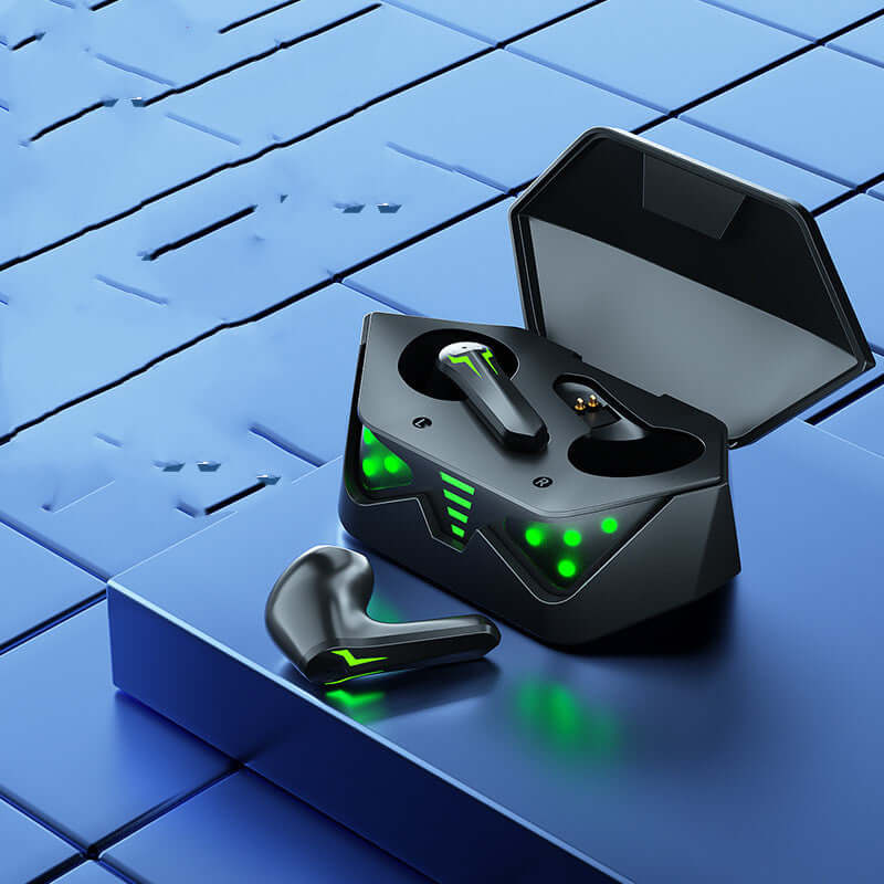 Gaming TWS wireless Bluetooth headset LK-GM01 in sleek case with illuminated indicators on blue background.