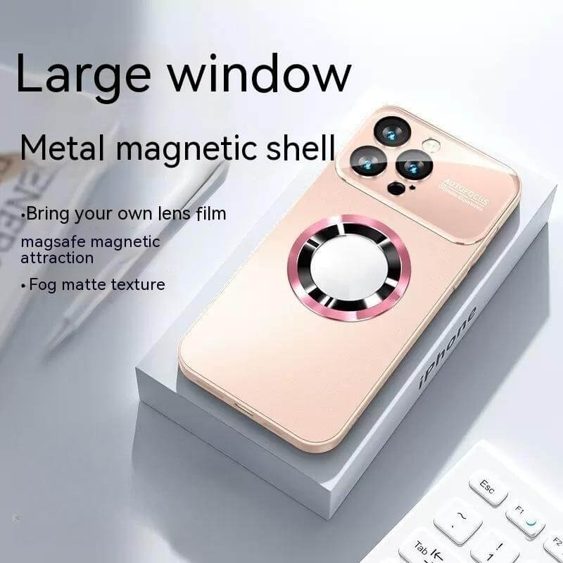 Large window metal magnetic shell case with fog matte texture and magsafe attraction for smartphones.
