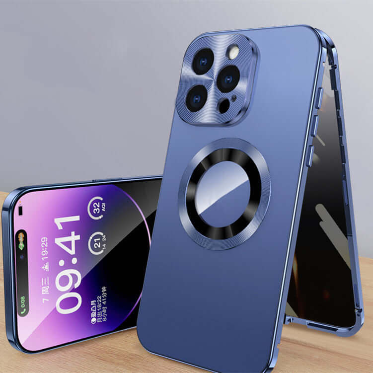 Magnetic cell phone case in blue with anti-peep metal clip, designed for iPhone models, showcasing its sleek design.