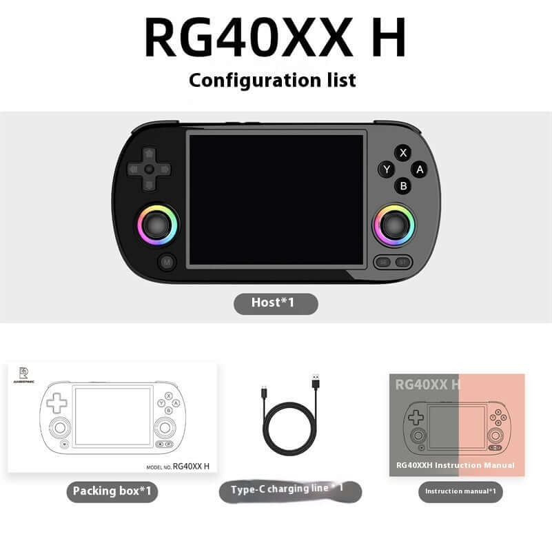 RG40XXH wireless game machine configuration list showing host, packing box, Type-C charging line, and instruction manual.