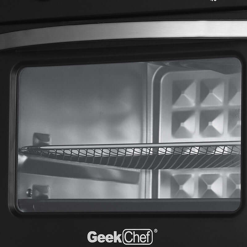 Interior view of Geek Chef Air Fryer 10QT showing wire rack, perfect for air frying and baking a variety of foods.