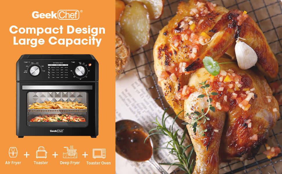Geek Chef Air Fryer 10QT with roasted chicken, showcasing compact design and large capacity for versatile cooking.