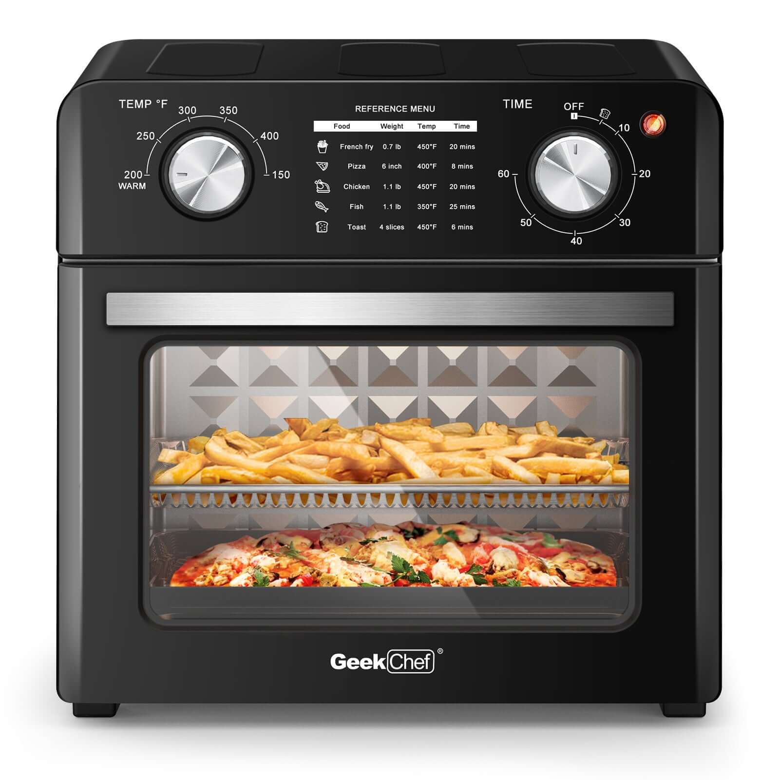 Geek Chef Air Fryer 10QT countertop toaster oven with fries and pizza cooking inside, black stainless steel design.