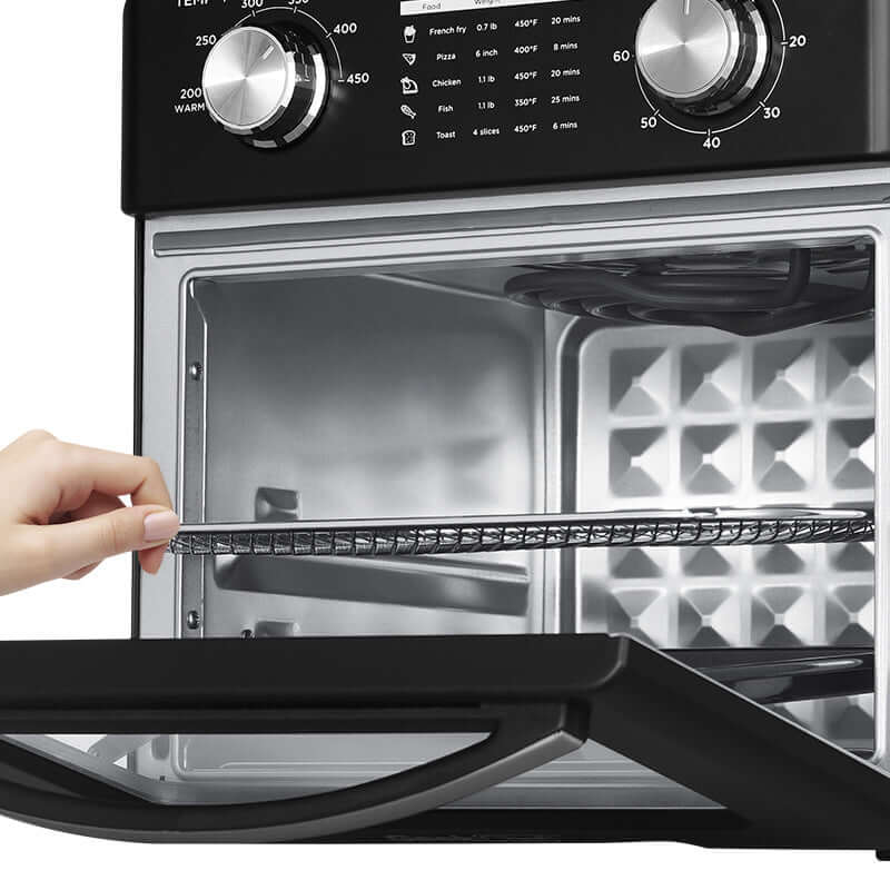 Inside view of Geek Chef Air Fryer 10QT showing rack and control panel, highlighting its compact design and functional features.