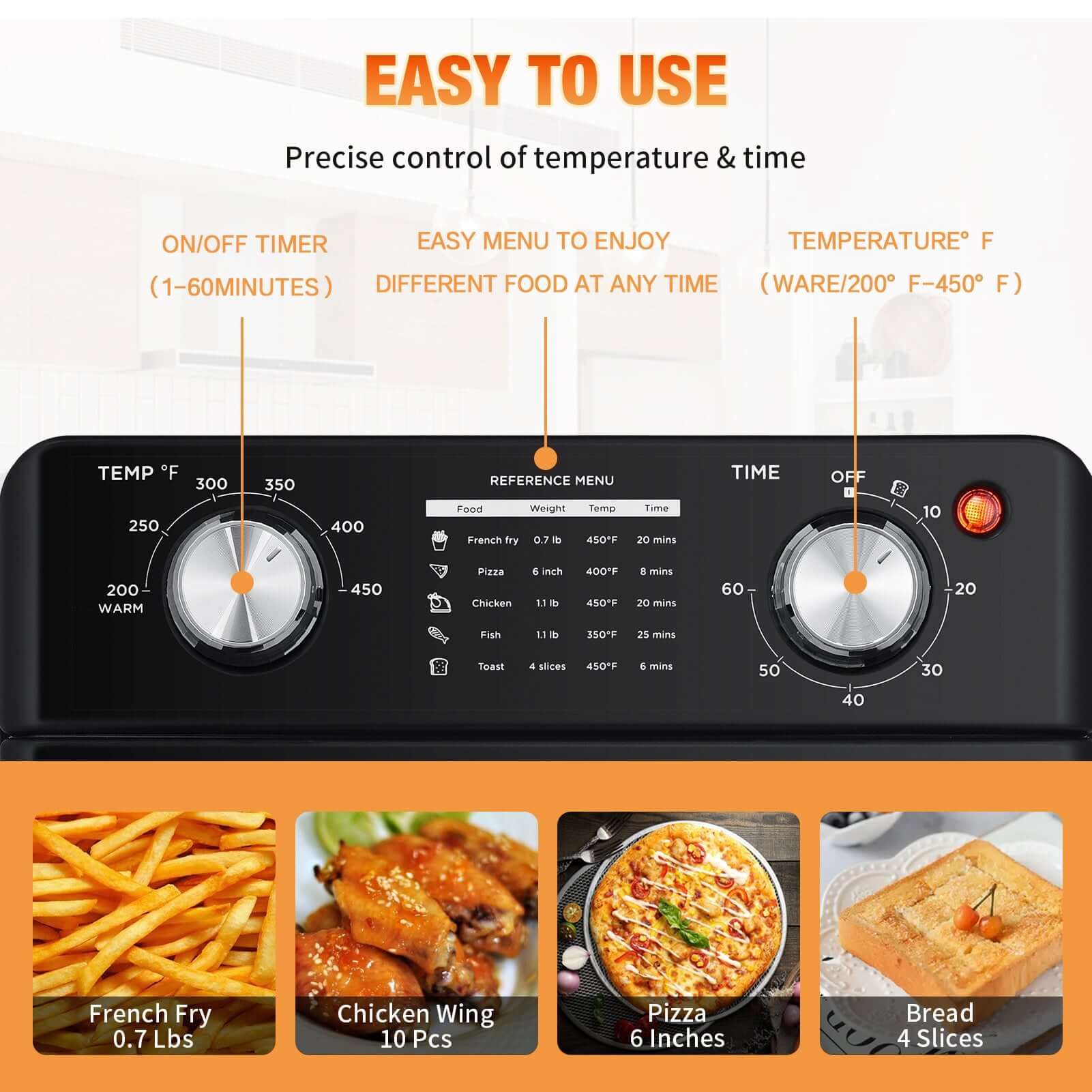 Geek Chef Air Fryer control panel with precise temperature settings and easy-use reference menu for cooking.