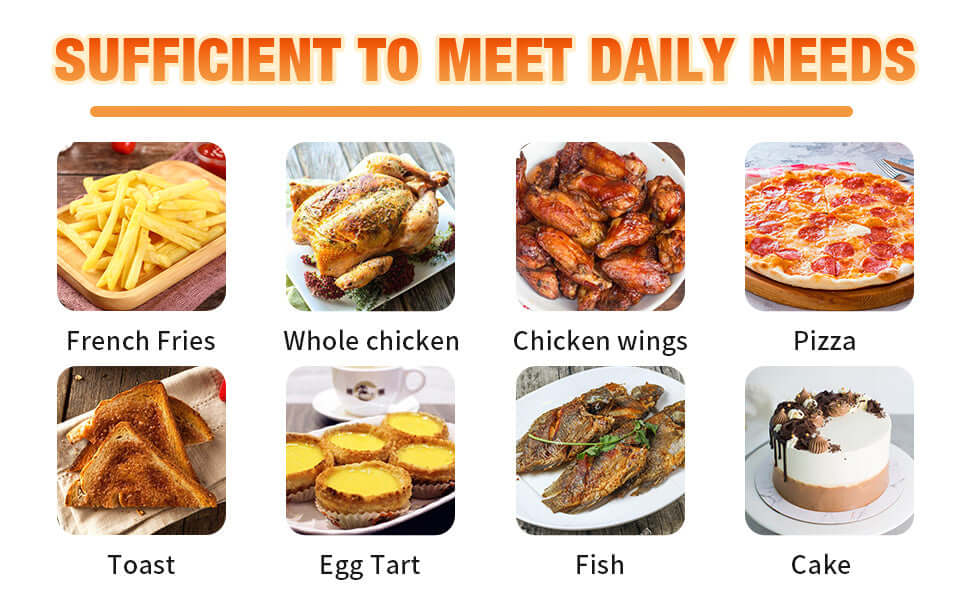 Assorted dishes including french fries, whole chicken, chicken wings, pizza, toast, egg tart, fish, and cake.
