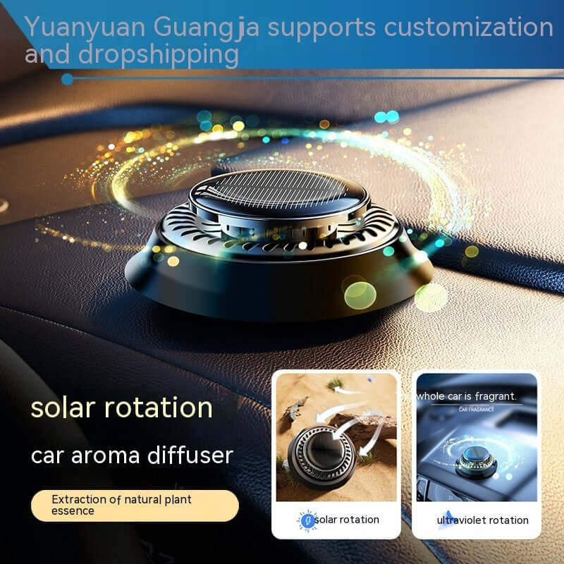 Solar-powered car aroma diffuser showcasing innovative design and natural essence extraction for fresh air.