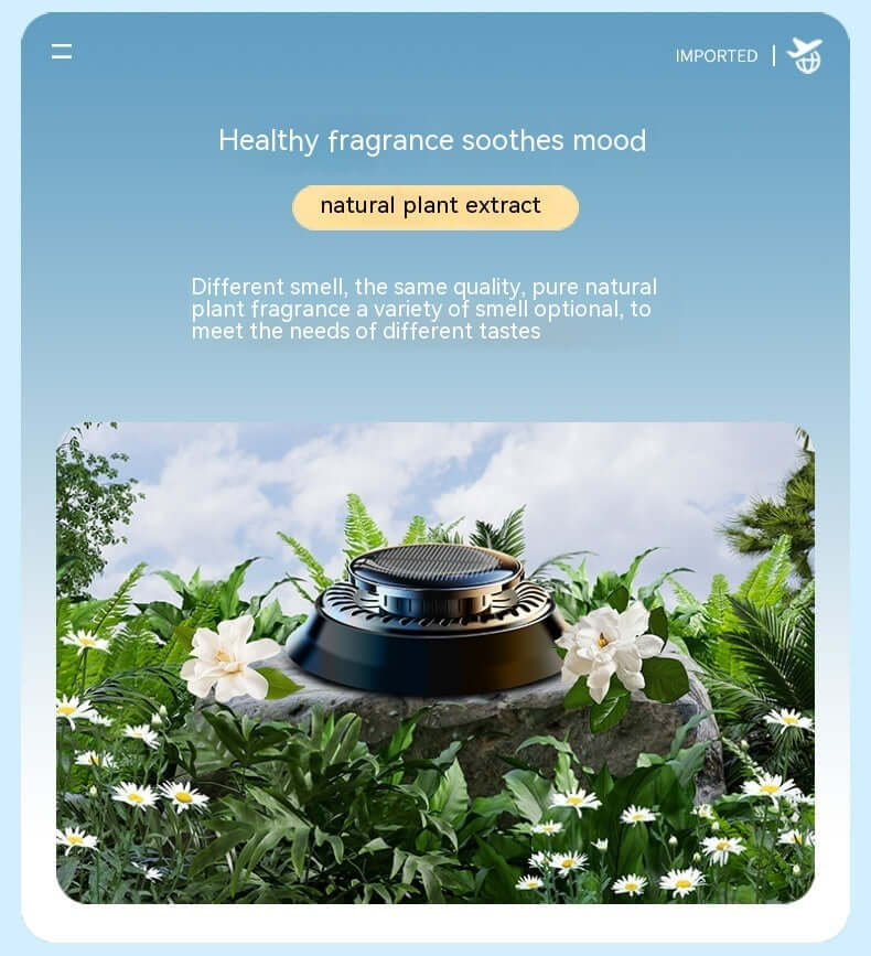 Portable solar air freshener with natural plant extract surrounded by greenery and flowers, promoting a soothing atmosphere.