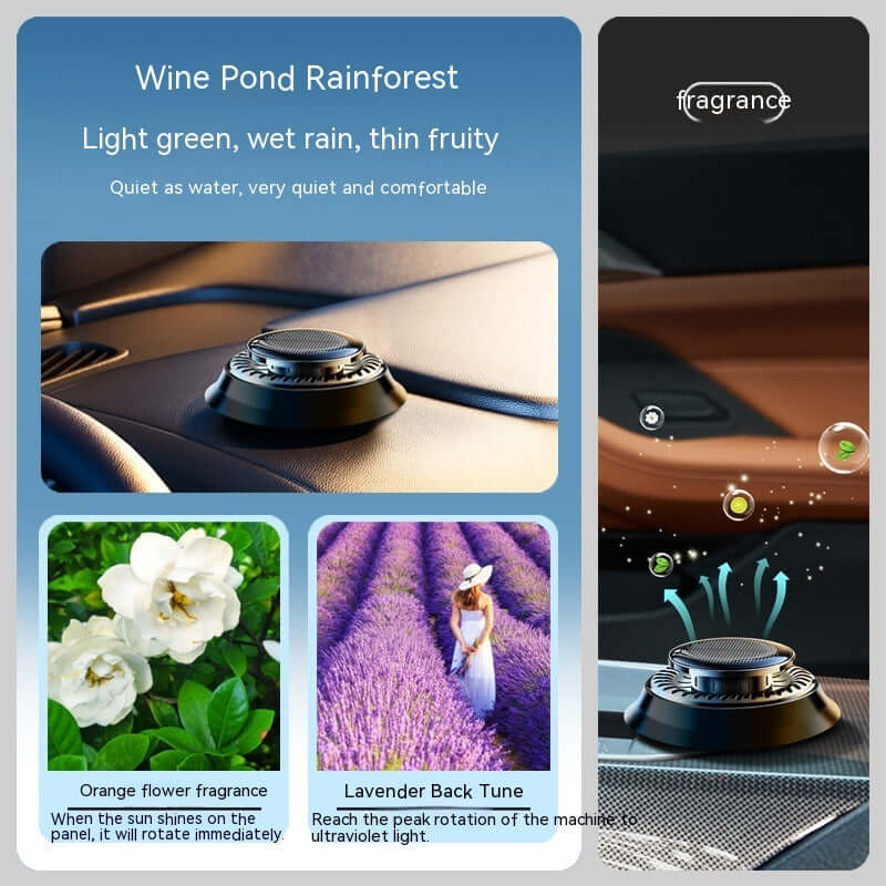Portable solar-powered air freshener with floral scents, rotates with sunlight, perfect for car fragrance enhancement.