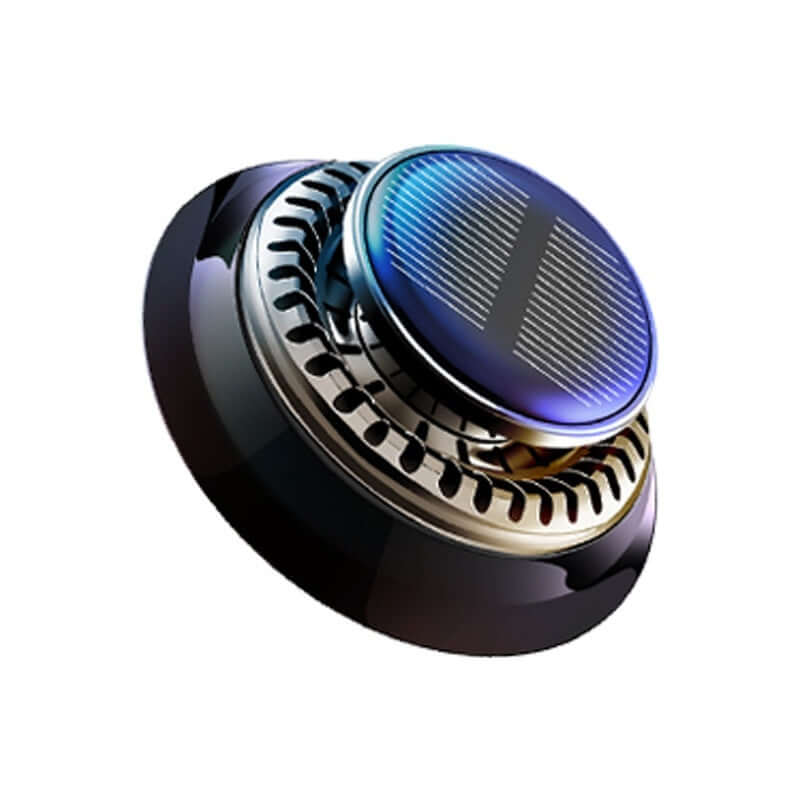 Solar-powered portable car air freshener with double ring design for odor removal and fragrance diffusion.