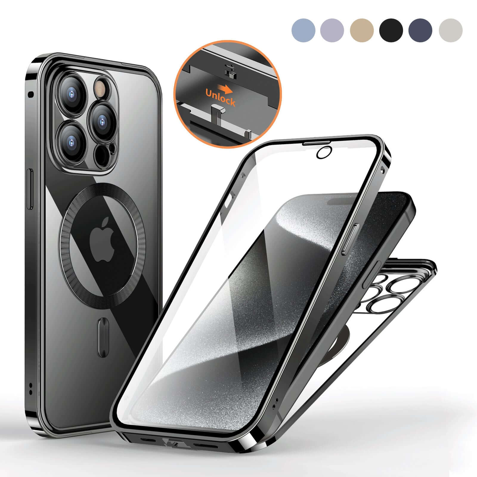 Anti-privacy buckle metal phone case with double-sided lens, 360° protection, available in gold, blue, black, silver gray.