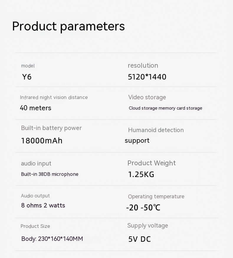 Specifications for Y6 Mobile Phone Remote Solar Camera, including resolution, battery power, and dimensions.